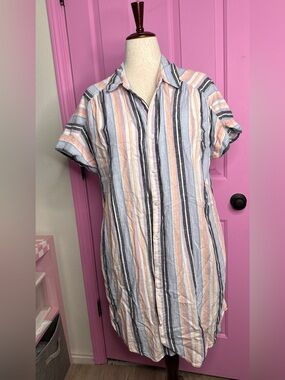 Eco Threads Striped Peach, Gray & White Button-Down Shirt Dress